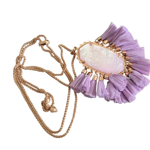 Kendra Scott Lavender BETSY Raffia Tassel Rose Gold Tone Chain Necklace NWOT